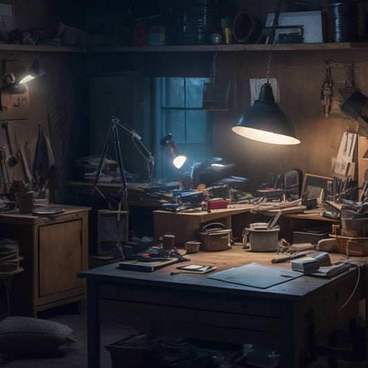 A cluttered, dimly lit workspace with scattered tools and half-finished projects, juxtaposed with a tidy, well-lit area featuring a neatly organized tool kit and a satisfied DIYer in the background.