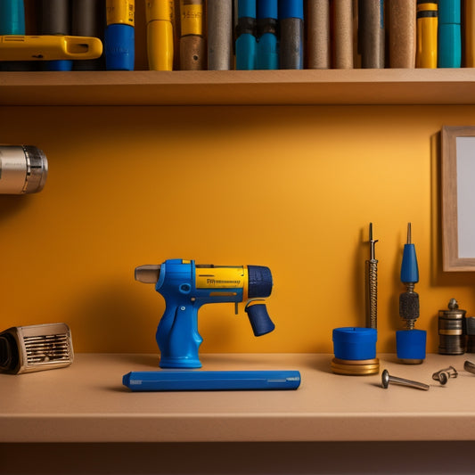 A photograph of a screwdriver lying on a half-installed shelf, surrounded by scattered wall anchors, screws, and a level, with a faint outline of a house blueprint in the background.