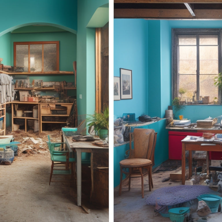 A split-screen image featuring a cluttered, chaotic renovation site on one side and a serene, organized renovation space on the other, with a faint timeline graph in the background.
