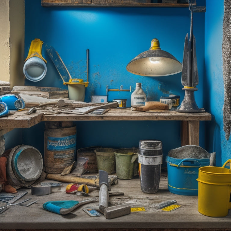 A cluttered DIY workspace with various plastering tools, including a trowel, putty knife, and mixing bucket, surrounded by safety gear like goggles, a dust mask, and a ladder on a partially plastered wall.