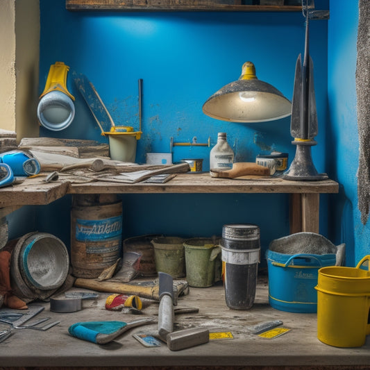 A cluttered DIY workspace with various plastering tools, including a trowel, putty knife, and mixing bucket, surrounded by safety gear like goggles, a dust mask, and a ladder on a partially plastered wall.