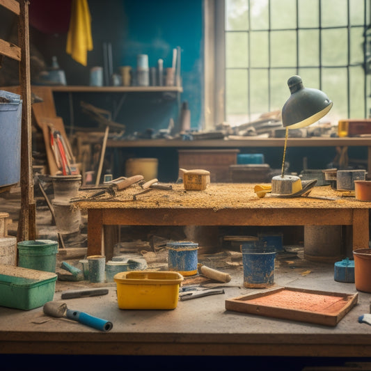 A cluttered workbench with various trowels and floats of different materials and sizes, surrounded by renovation tools and scattered drywall dust, with a blurred background of a construction site.