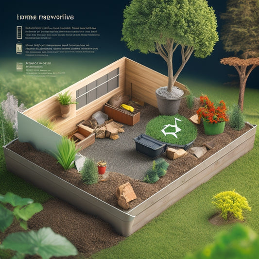 An illustration of a home renovation site with a dumpster divided into labeled sections for recycling, compost, and landfill waste, surrounded by eco-friendly construction materials and greenery.