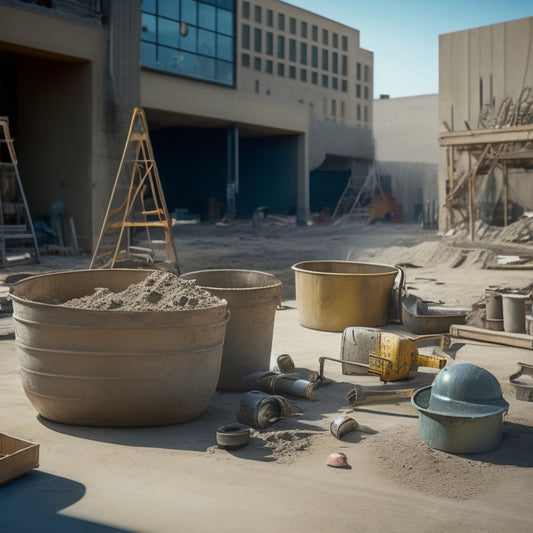 A cluttered but organized construction site with various concrete building tools scattered around, including a cement mixer, trowels, and drills, with a partially renovated building in the background.