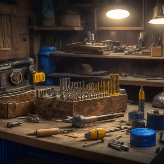 A cluttered workshop background with various SDS drill bits and chisels scattered on a workbench, with a cordless SDS drill prominently displayed in the center, surrounded by renovation materials.
