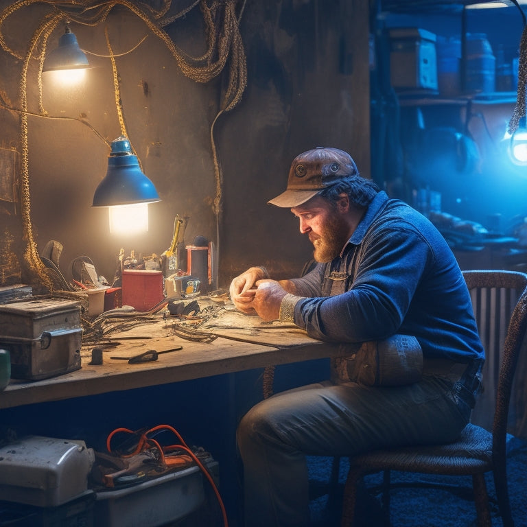 A dramatic, dimly lit illustration of a DIY renovator in a cluttered workspace, surrounded by exposed wiring, frayed cords, and sparks flying from a faulty outlet, with a subtle glow of caution lights in the background.