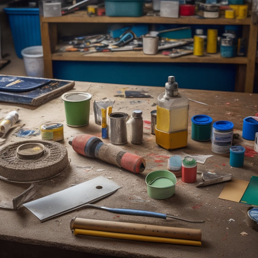 A cluttered workshop table with a variety of budget-friendly tools, including a putty knife, level, stud finder, and cordless drill, surrounded by scattered paint swatches and torn wallpaper samples.