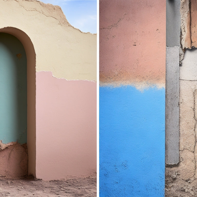 A before-and-after split-screen image of a worn, cracked stucco wall with peeling paint and crumbling corners alongside a renovated wall with smooth, freshly painted stucco and neatly trimmed edges.