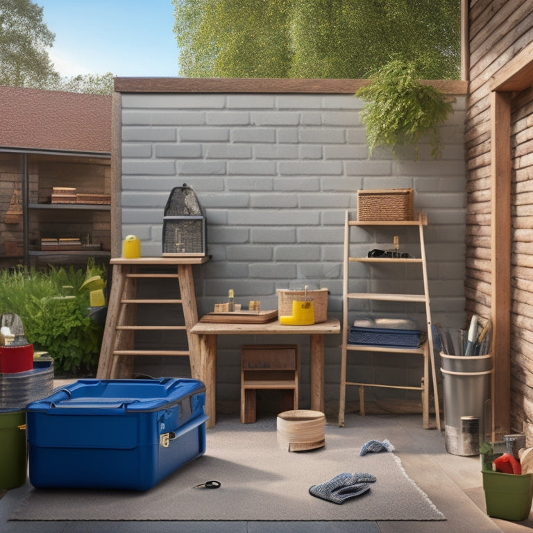 An organized outdoor workspace with a ladder, toolbox, tape measure, level, and safety goggles, surrounded by exterior renovation materials like bricks, roofing tiles, and wooden planks.