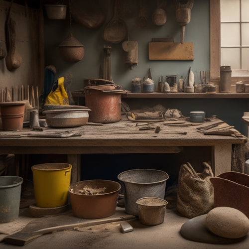 A cluttered workbench with a variety of plastering tools, including a hawk, trowel, float, and joint knife, surrounded by buckets, mixing sticks, and bags of plaster and sand.