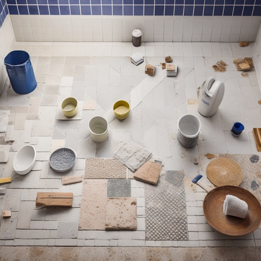 A messy, half-tiled bathroom floor with scattered tile pieces, a bucket of adhesive, and three to five trowels of varying sizes and types laid out in the foreground, with a few tiles in the process of being laid.