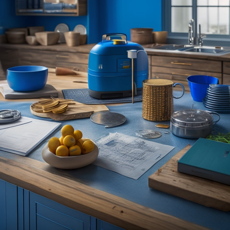 An image depicting a renovated modern kitchen with a blueprints-covered table, a calculator, and a heap of coins in the foreground, surrounded by construction tools and materials in the background.
