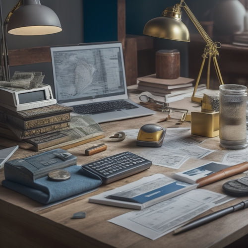 A tidy, well-organized workspace with a laptop, calculator, blueprints, and various renovation tools, such as a hammer and level, surrounded by stacks of money and a miniature house model.