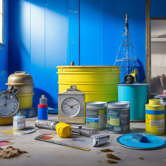 A cluttered renovation site with a stopwatch or timer in the center, surrounded by paint cans, construction tools, and half-finished walls with paint swatches and drying paint droplets.