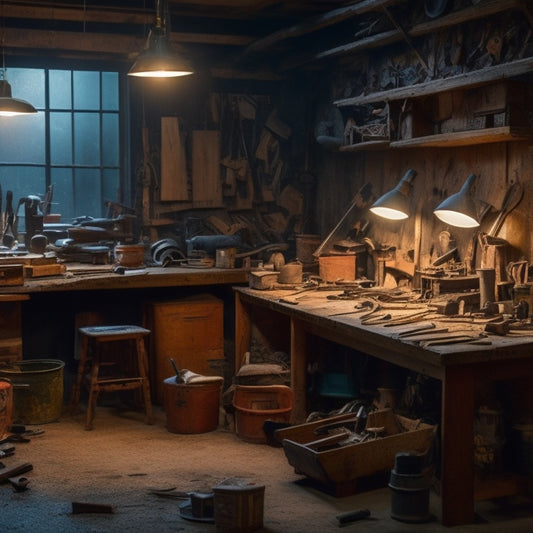 A cluttered, dimly lit workshop with old tools scattered on worn wooden workbenches, surrounded by DIY renovation projects in various stages of completion, with a faint hint of sawdust in the air.
