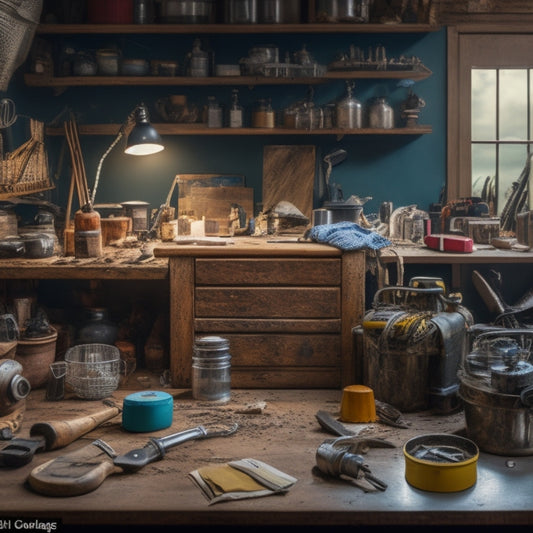 A cluttered workbench with a mixer in the center, surrounded by various accessories like a mixing paddle, dust mask, safety goggles, and a level, with a faint background of a DIY home renovation project.