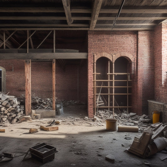 An organized construction site with a partially demolished brick wall, exposed wooden beams, and scattered tools, surrounded by a messy but promising renovation in progress.
