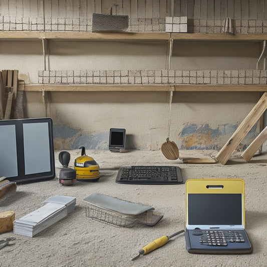 A clutter-free construction site with a partially renovated wall in the background, featuring various wall materials and tools scattered around, with a tablet or laptop in the foreground displaying a calculator interface.