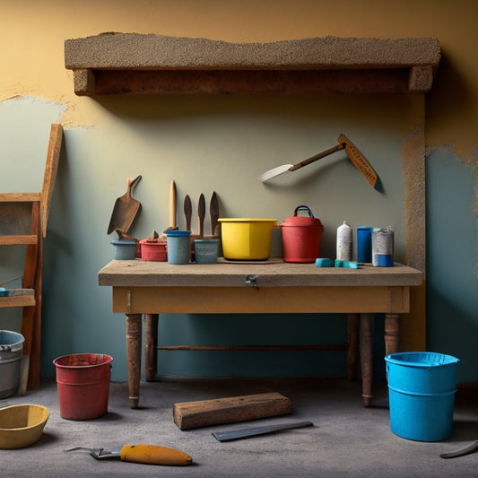 An image depicting a stucco wall with cracks and damages, alongside a workbench with various tools including a trowel, putty knife, sandpaper, and mixing bucket, with a subtle hint of a renovated stucco background.