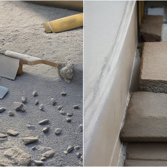 A split-screen image featuring a cracked mortar joint on the left, with a trowel and crumbling debris surrounding it, and a renovated mortar joint on the right, with a shiny new sealant applied and a few scattered trowels in the background.