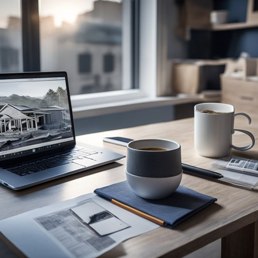 A sleek, modern laptop on a clutter-free desk, surrounded by rolled-up blueprints, a miniature 3D model of a house, and a cup of coffee, with a blurred background of a construction site.