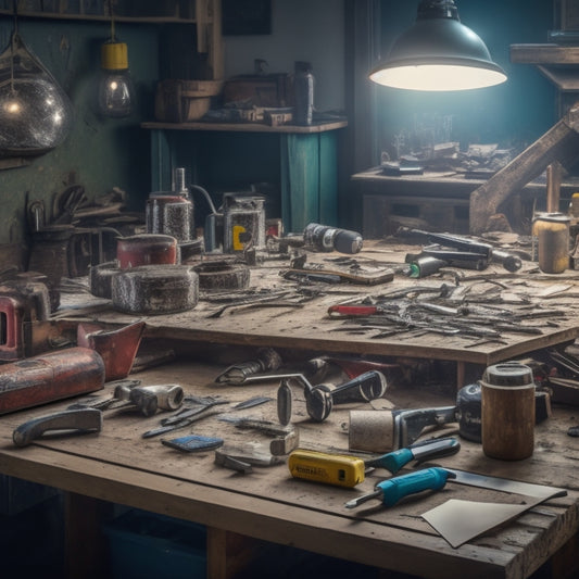 A cluttered workshop table with a variety of DIY tools, including a cordless drill, level, tape measure, pliers, and a hammer, surrounded by scattered renovation plans and scattered debris.