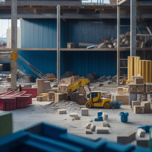A messy construction site with scattered blocks, tools, and architectural plans in the background, with a single, perfectly constructed block wall in the foreground, showcasing various blocks and joints.