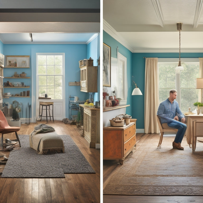 A split-screen image featuring a renovated room with a satisfied homeowner standing amidst finished walls, flooring, and decor on one side, and a cluttered, half-demolished room with scattered tools and materials on the other.