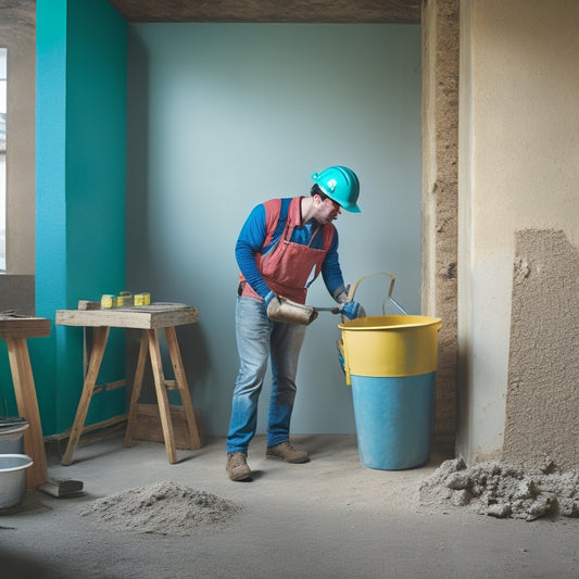 A person in a renovation site, holding a cordless mortar mixer, surrounded by construction materials, with a mixing bucket and trowels nearby, and a partially renovated wall in the background.