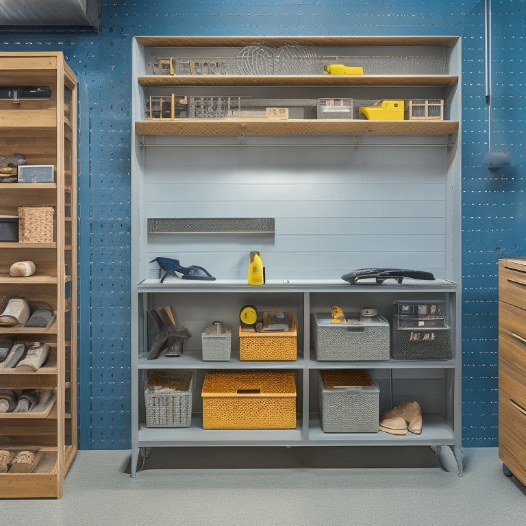 A well-organized tool storage system in a concrete garage renovation, featuring a pegboard with hung tools, a rolling cabinet with labeled drawers, and a built-in shelving unit with stacked bins.