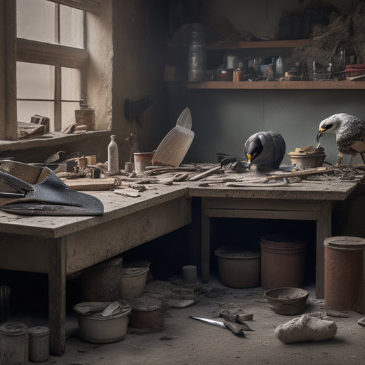 A cluttered but organized workbench with a hawk, trowel, and joint knife, surrounded by scattered plaster chunks, dusty buckets, and a faintly visible renovation project in the blurred background.