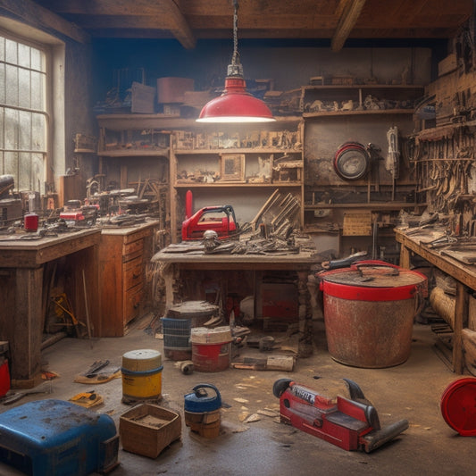 A cluttered workshop with a mix of new and old tools, surrounded by DIY renovation projects in progress, with a few tools marked with price tags and a red "sale" sticker on a circular saw.