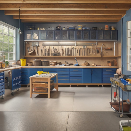 A cluttered garage with tools scattered on the floor, old cabinets, and a workbench in disarray, transformed into a clean and organized space with sleek cabinets, epoxy-coated floors, and a modern workstation.