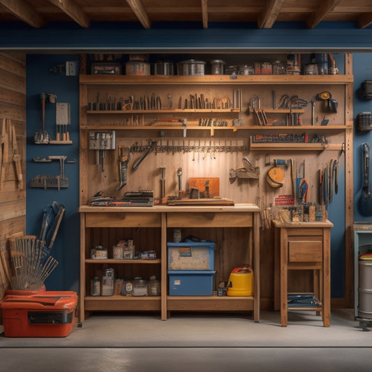 A clutter-free garage with a pegboard featuring a variety of organized tools, a drill press, and a workbench in the center, surrounded by renovation materials like lumber, pipes, and paint cans.