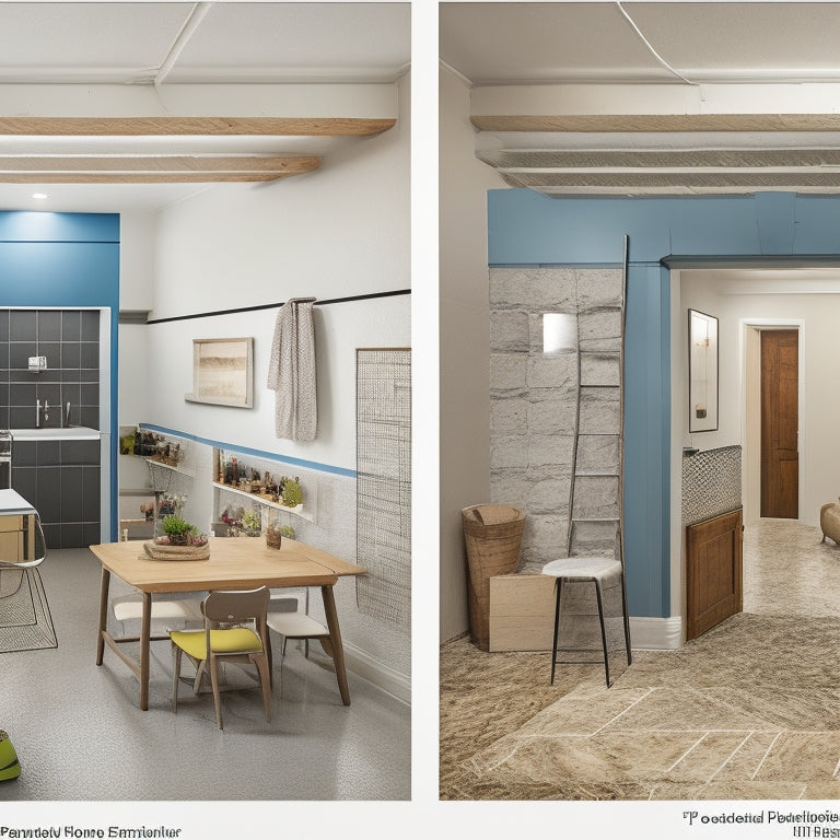 A diagram showcasing a renovated room with cinder block walls, featuring a split-screen comparison of before and after, with icons and arrows illustrating various renovation stages and costs.