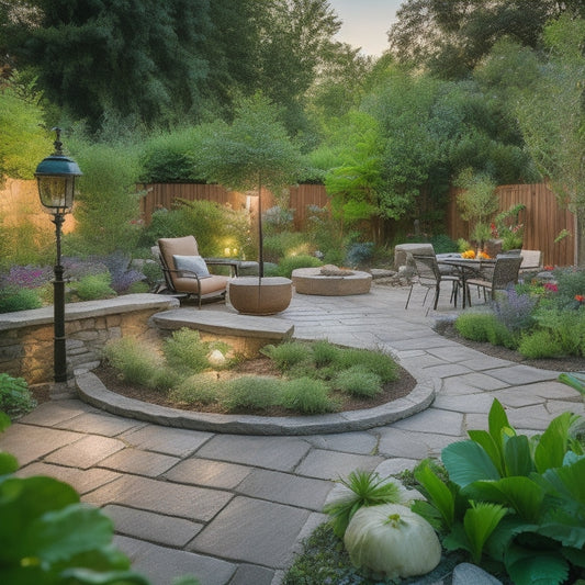 A serene, well-lit backyard with a renovated garden block featuring a mix of lush greenery, vibrant flowers, and rustic stone pathways, surrounded by sleek, modern outdoor furniture and decor.
