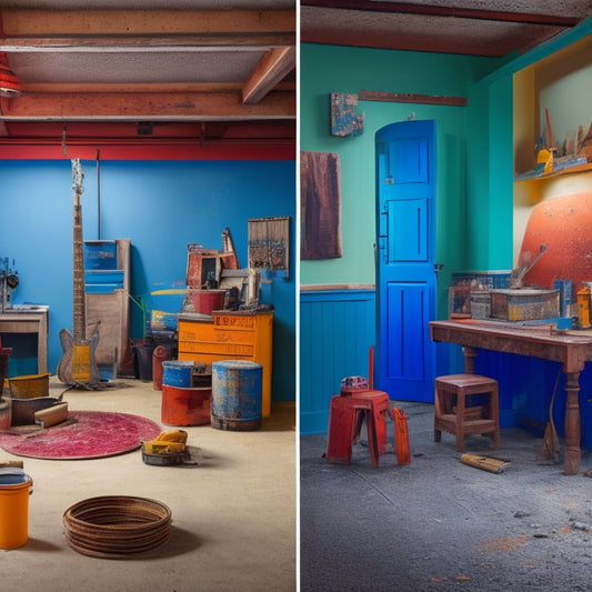 A split-screen image featuring a worn, outdated room on the left and a renovated, modern space on the right, with various tools and materials scattered throughout, such as hammers, drills, and paint cans.