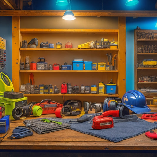 A tidy, well-lit workshop with a variety of safety tools and equipment, including hard hats, goggles, earplugs, respirators, gloves, and a first aid kit, all neatly organized on a pegboard.