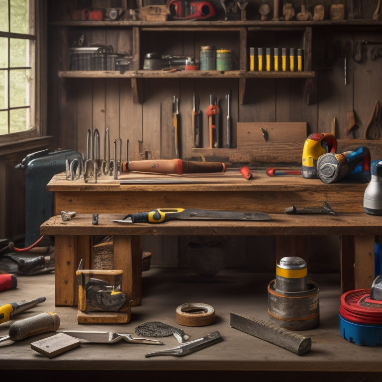A wooden workbench with a variety of DIY tools, including a hammer, tape measure, level, pliers, screwdrivers, and a cordless drill, arranged in a neat and organized manner.