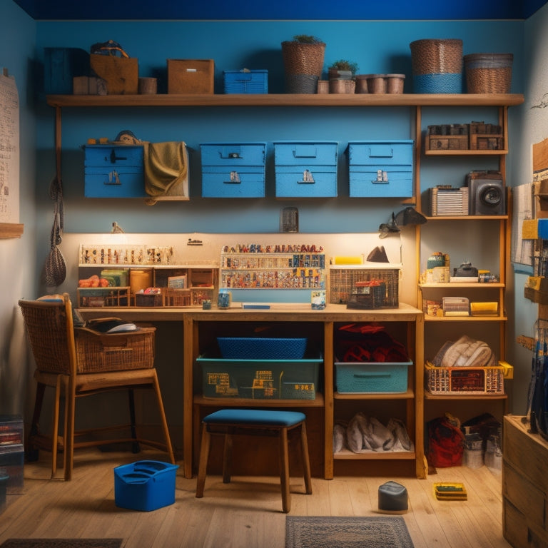 A tidy, well-lit room with assorted block organizers, including stackable crates, wall-mounted shelves, and a pegboard, showcasing a renovation in progress with tools and materials neatly arranged.
