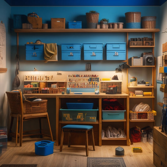A tidy, well-lit room with assorted block organizers, including stackable crates, wall-mounted shelves, and a pegboard, showcasing a renovation in progress with tools and materials neatly arranged.