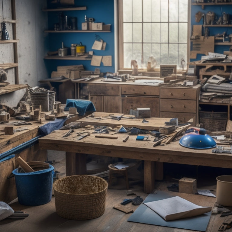 A cluttered, yet organized, home renovation workspace with blueprints, hammers, and building materials scattered across a wooden table, surrounded by partially constructed walls and a faint outline of a dream home.