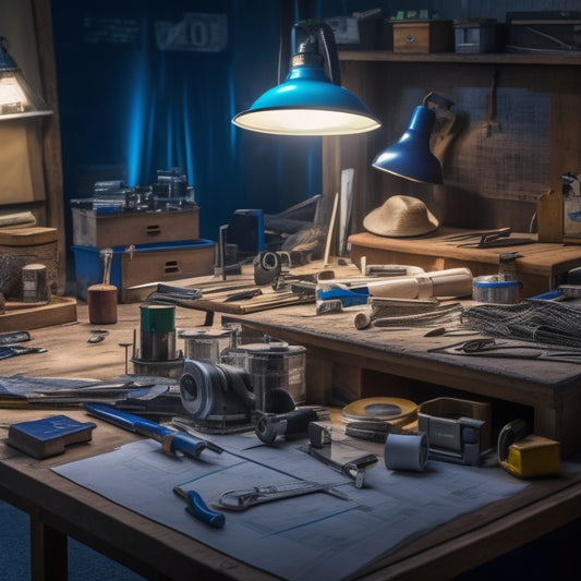 A cluttered, well-lit workbench with a variety of measuring tools scattered across it, including a tape measure, level, stud finder, and combination square, amidst scattered blueprints and renovation plans.
