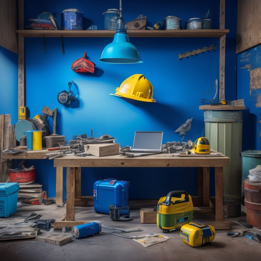 A cluttered DIY workshop with a half-renovated wall, scattered power tools, and a prominent hard hat, safety goggles, and a first-aid kit placed centrally, surrounded by scattered blueprints.