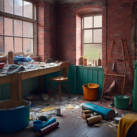 A messy room with torn wallpaper, exposed brick, and scattered tools, contrasting with a renovated area featuring a fresh coat of paint, new flooring, and a bright, large window.