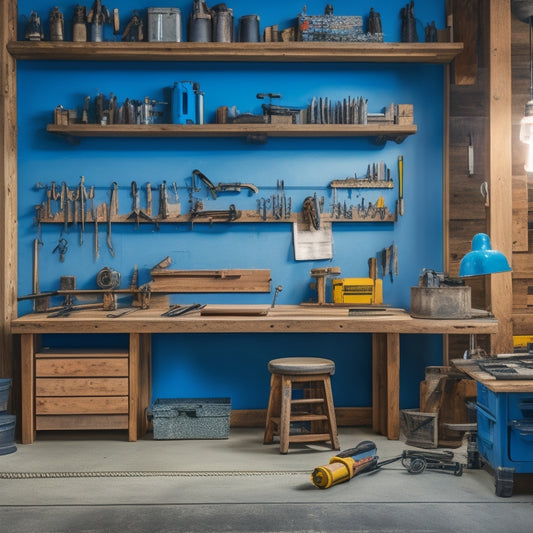A tidy workshop with a wooden workbench, surrounded by organized toolboxes, a drill press, and a pegboard with hung hammers, screwdrivers, and wrenches, amidst a backdrop of renovation plans and blueprints.