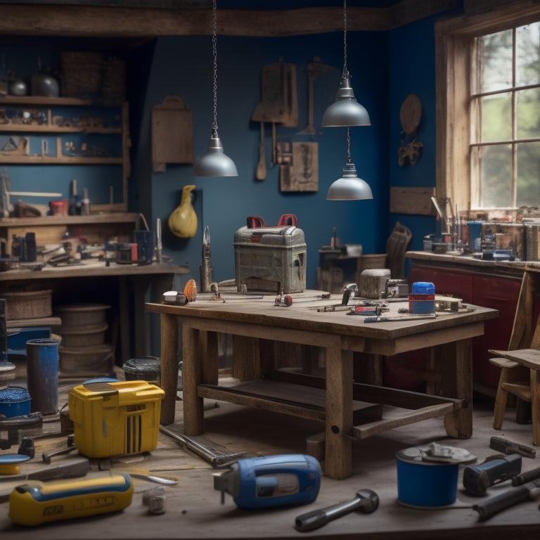 A cluttered workshop table with a block house model in the center, surrounded by various renovation tools, including a cordless drill, level, tape measure, and a bucket of paint.