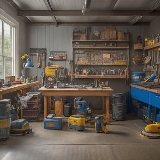 A cluttered but organized garage workspace with a hammer, level, and power drill on a workbench, surrounded by rental equipment including a floor sander, tile cutter, and aerial lift in the background.