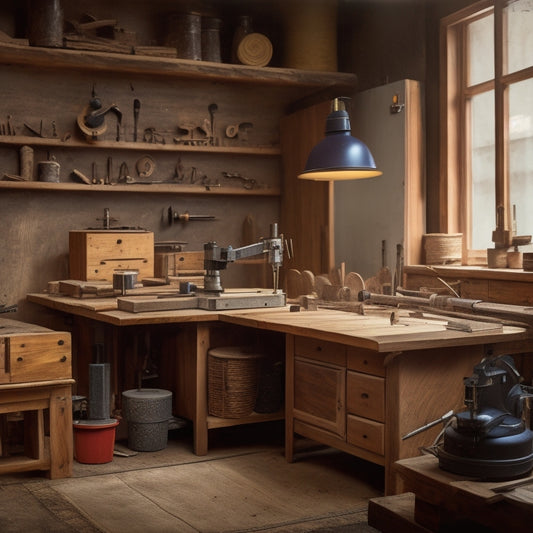 A well-organized workshop with a central drill press, surrounded by various woodworking tools and materials, featuring a partially built wooden cabinet in the background.