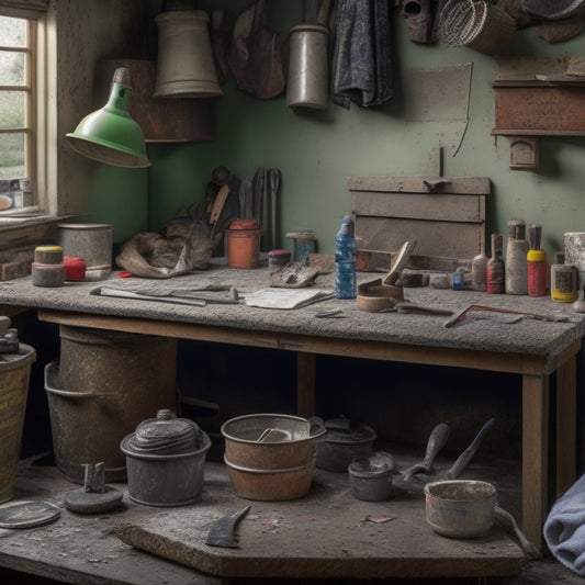 A cluttered workbench with various tools and materials, including a hammer, trowel, putty knife, caulk gun, buckets of cement, and a cracked wall in the background with visible repair patches.